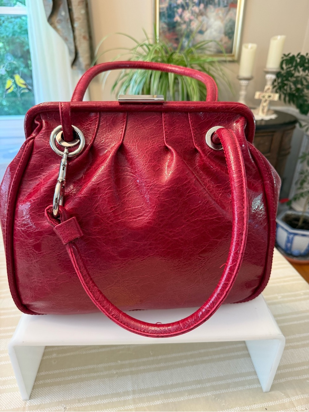 New Structured Red Patent Satchel Handbag with Top Handle